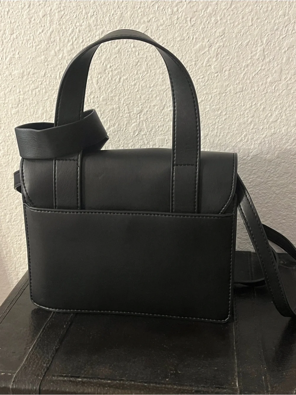 Karl Lagerfeld Black Structured Crossbody Satchel with Top Handle and Bow Accent